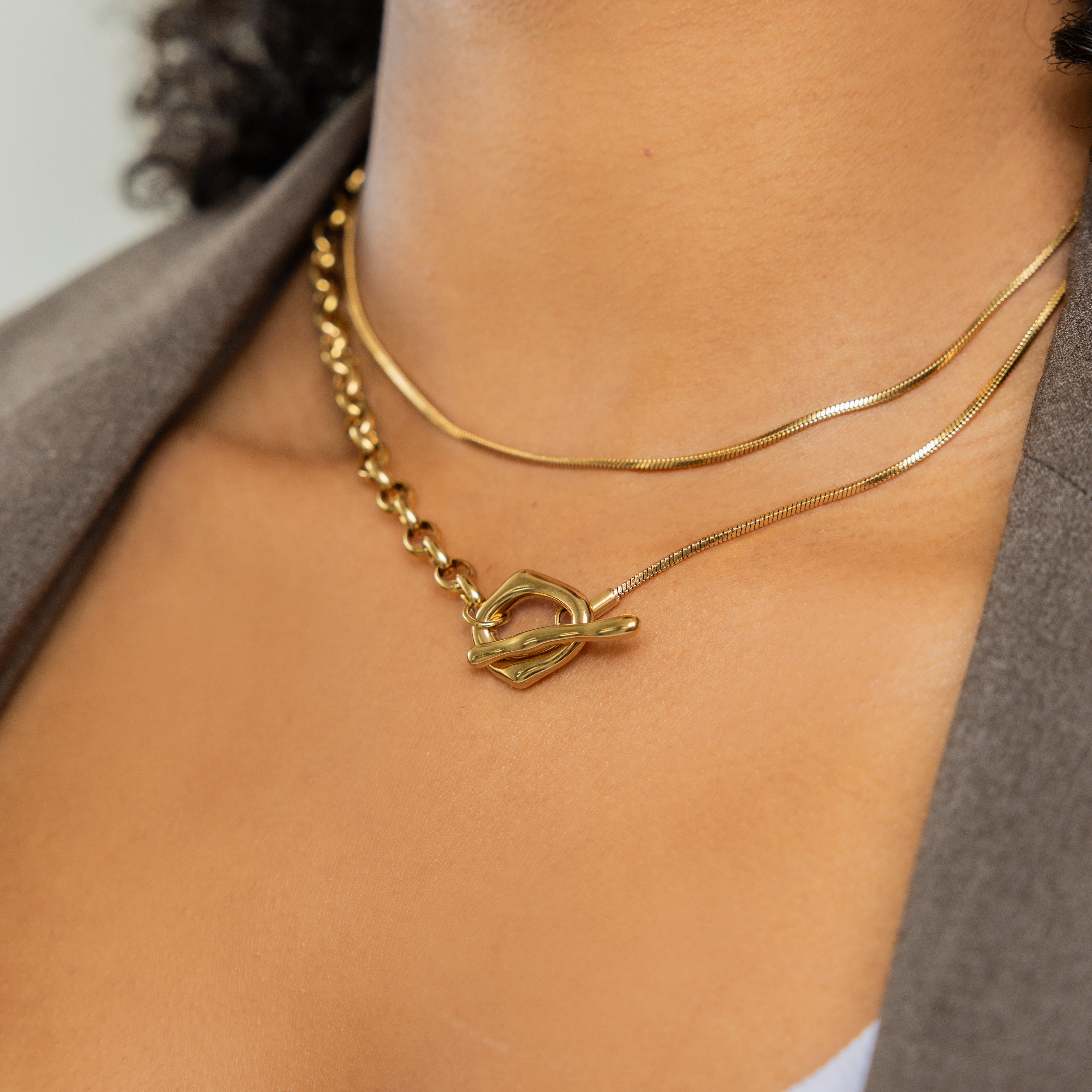 Waterproof Gold Dual Chain Toggle Necklace