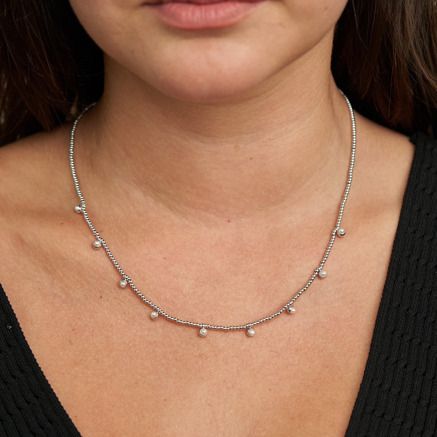 Silver Beaded Pearls Necklace