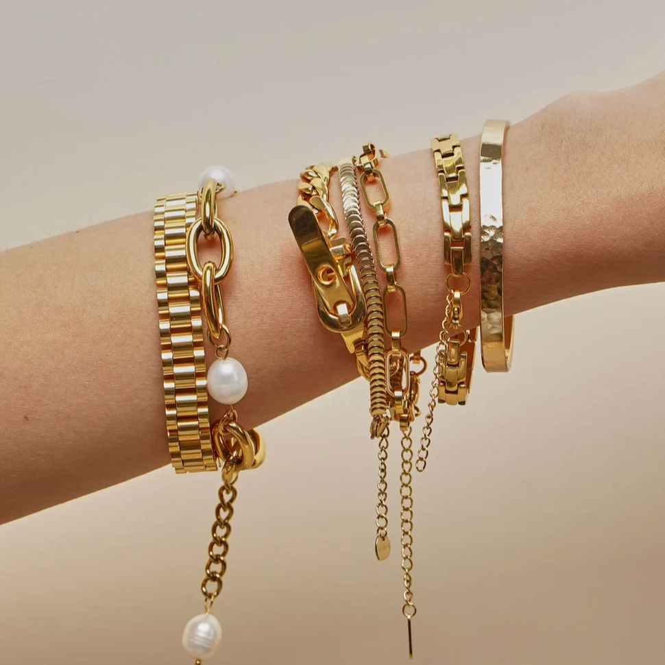 Waterproof Gold Chunky Pearl Chain Bracelet