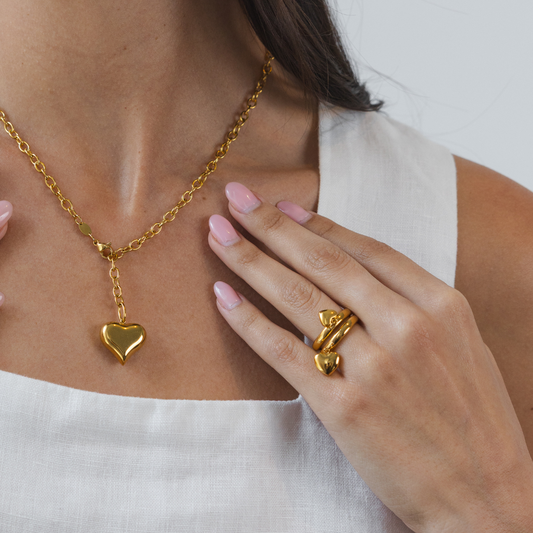 Waterproof Gold Puffy Double Heart Ring